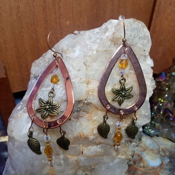 Copper Flower Boho Style Dangle Chandelier Earrings - Picture 1 of 4